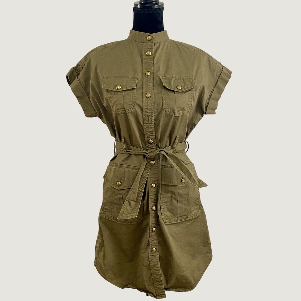 Ralph‎ Lauren Khaki Button-Up Belted Shirt Dress, Missing Button, See Pics